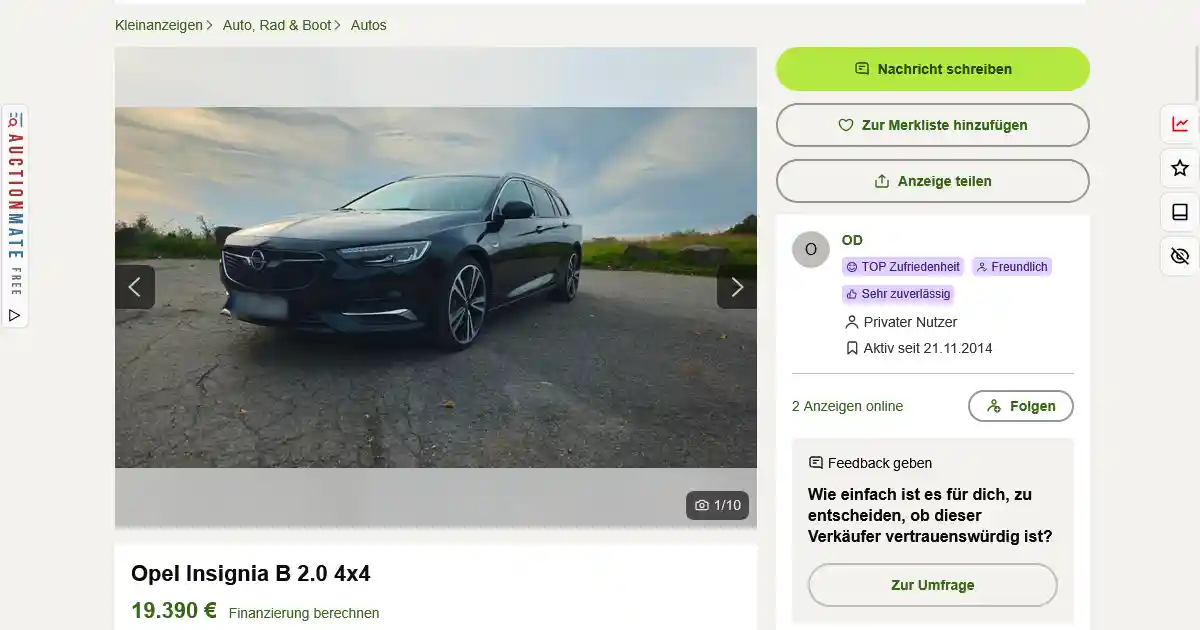 Kleinanzeigen-Fahrzeuganzeige mit AuctionMate Preishistorie