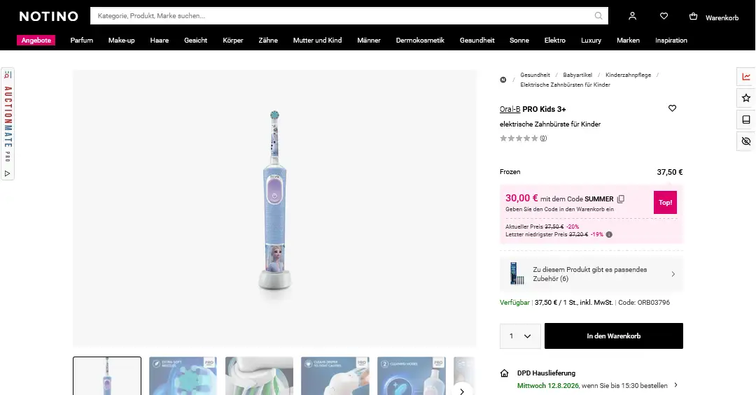 Notino-Produktseite mit AuctionMate-Preishistorie