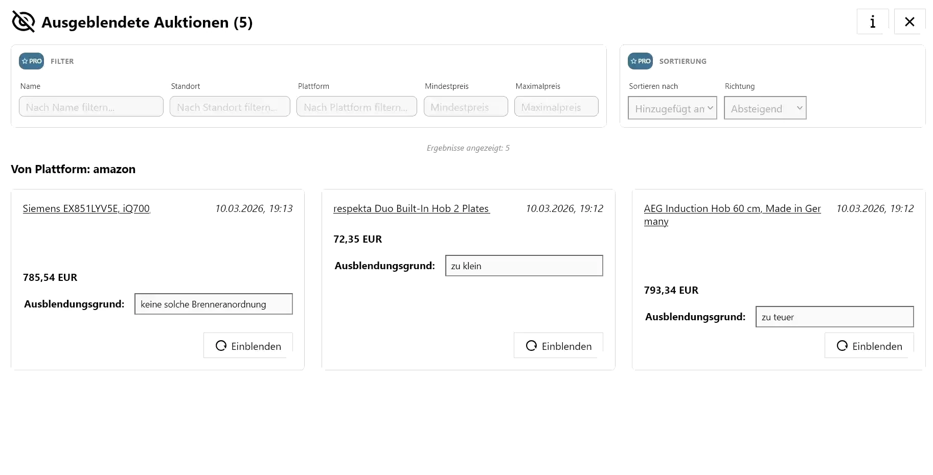 Panel der ausgeblendeten Anzeigen mit Ausblendungsgrund in AuctionMate