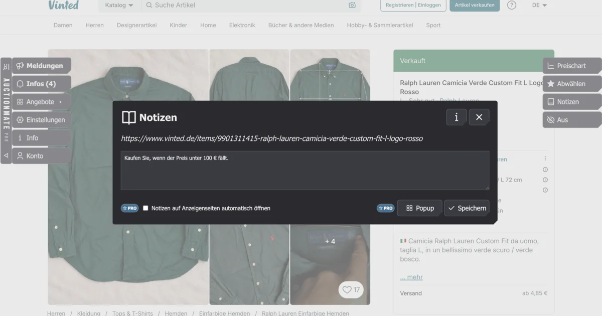 Notiz zu einer Vinted-Anzeige - AuctionMate