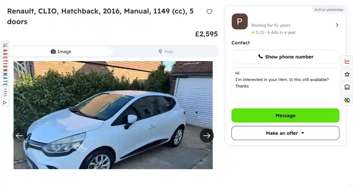 Car listing on Gumtree with AuctionMate price history