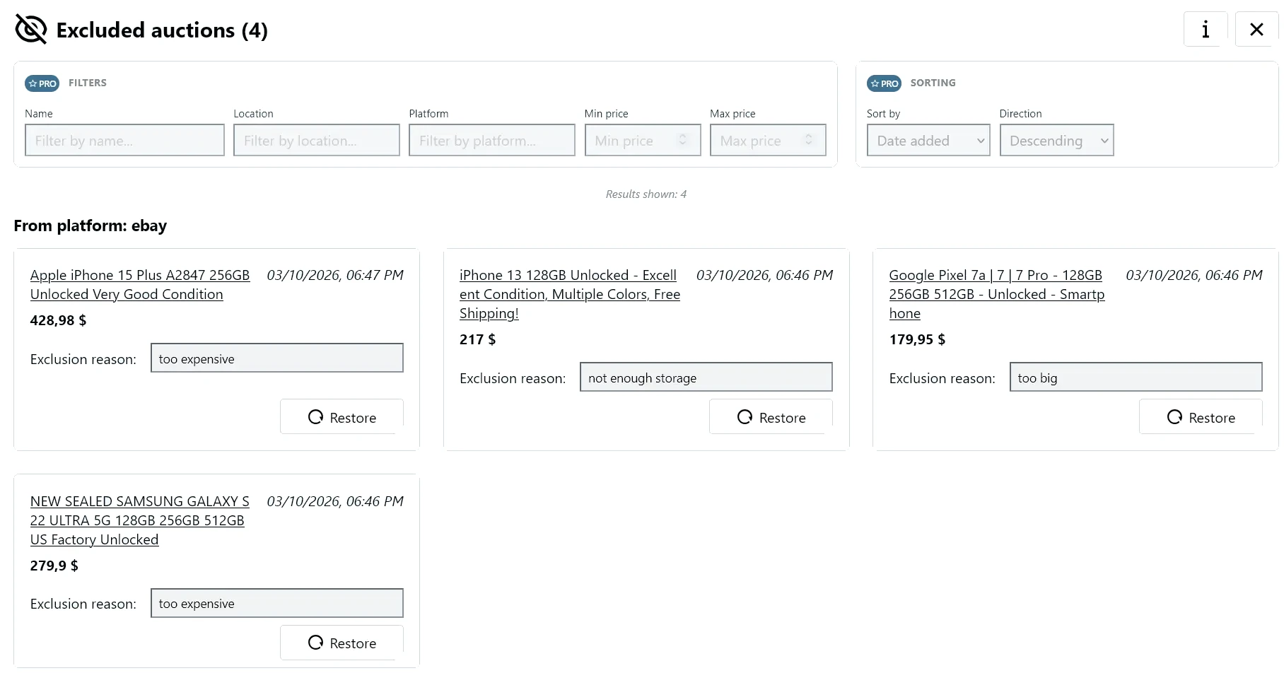 Excluded listings panel with exclusion reasons in AuctionMate