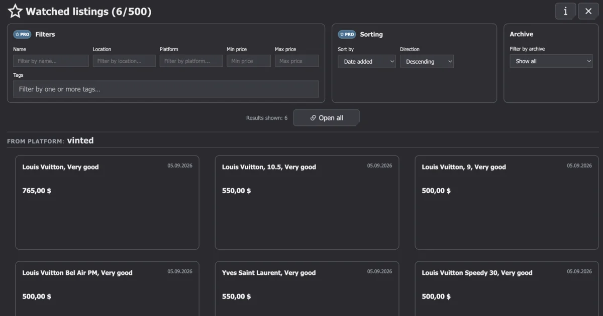 Watched listings from several platforms in one AuctionMate panel