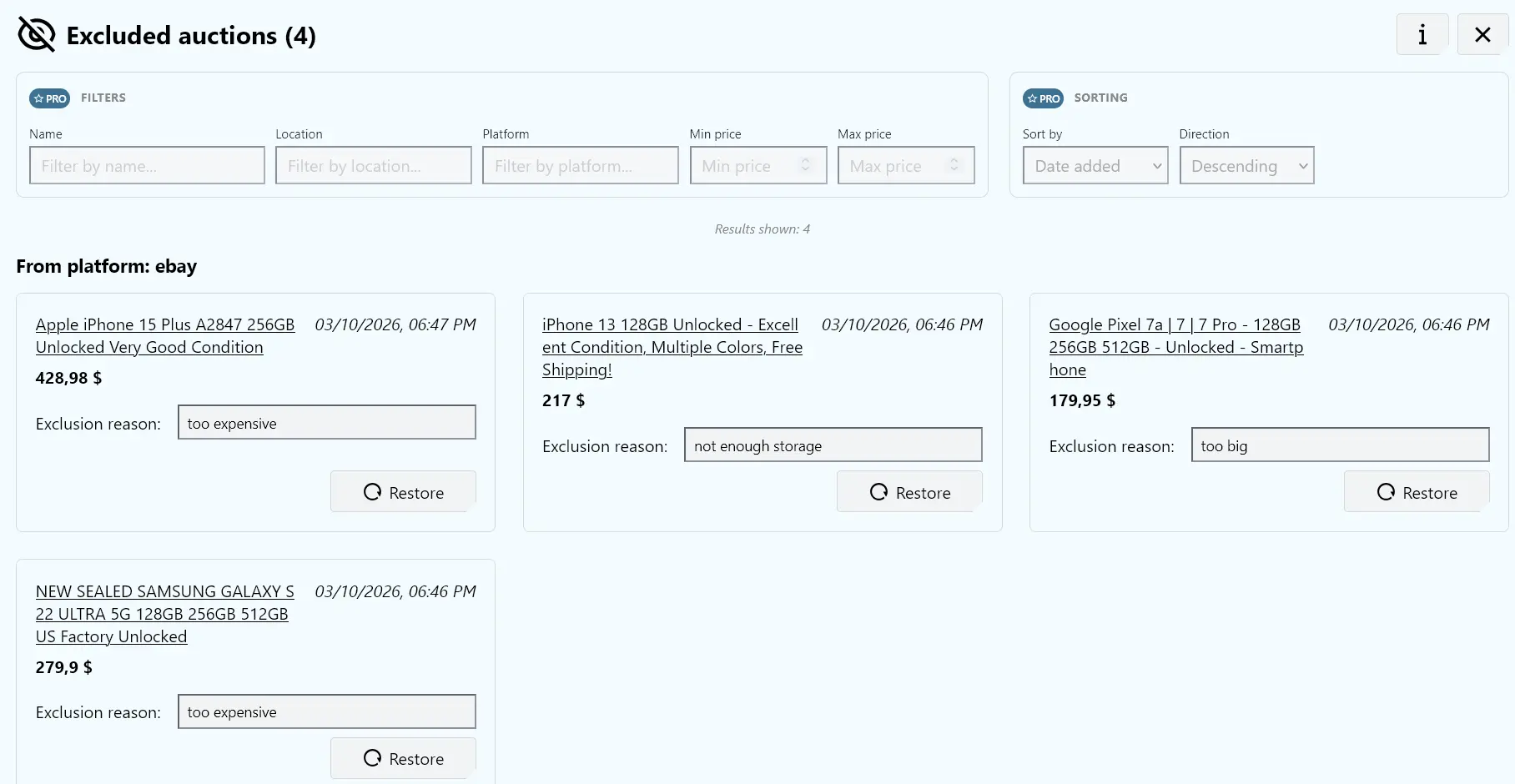 Excluding a listing from the results in AuctionMate