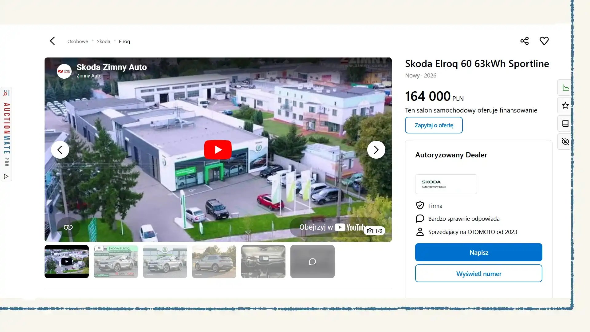 Karta ogłoszenia samochodu na Otomoto z wtyczką AuctionMate