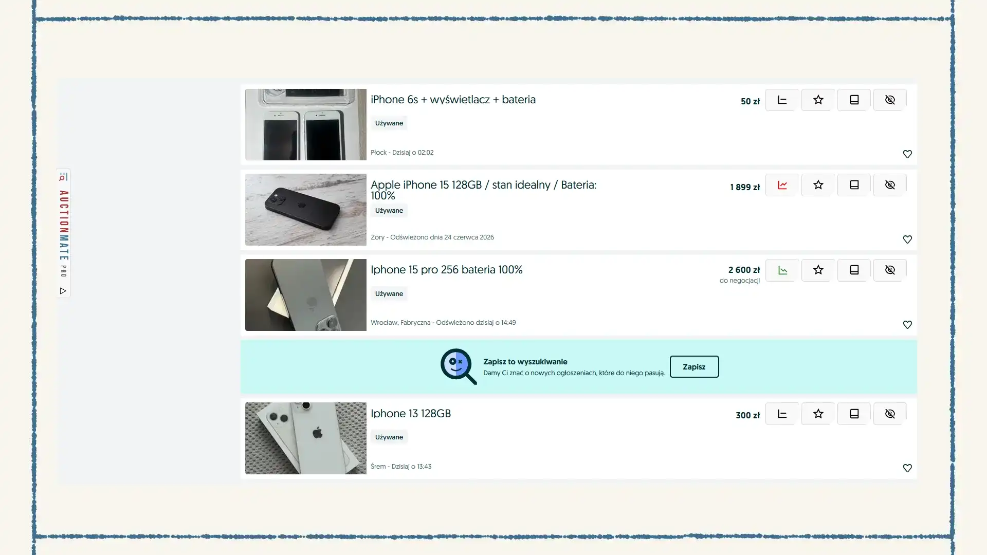 Lista ogłoszeń OLX z wtyczką AuctionMate