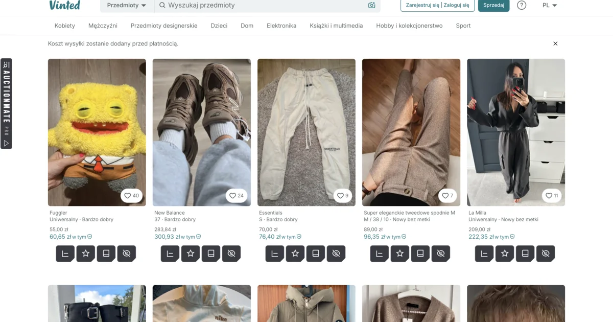 AuctionMate podczas przeglądania Vinted