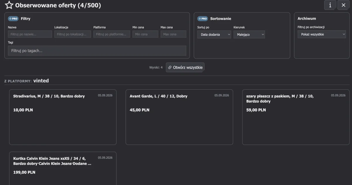 Lista obserwowanych ofert z wielu platform w AuctionMate