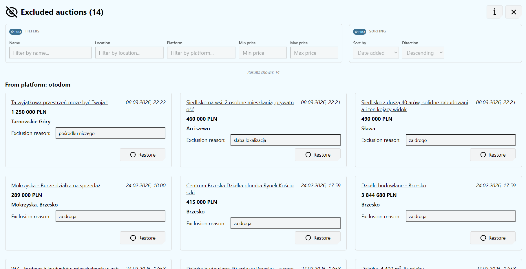 Wykluczanie ogłoszenia z listy w AuctionMate