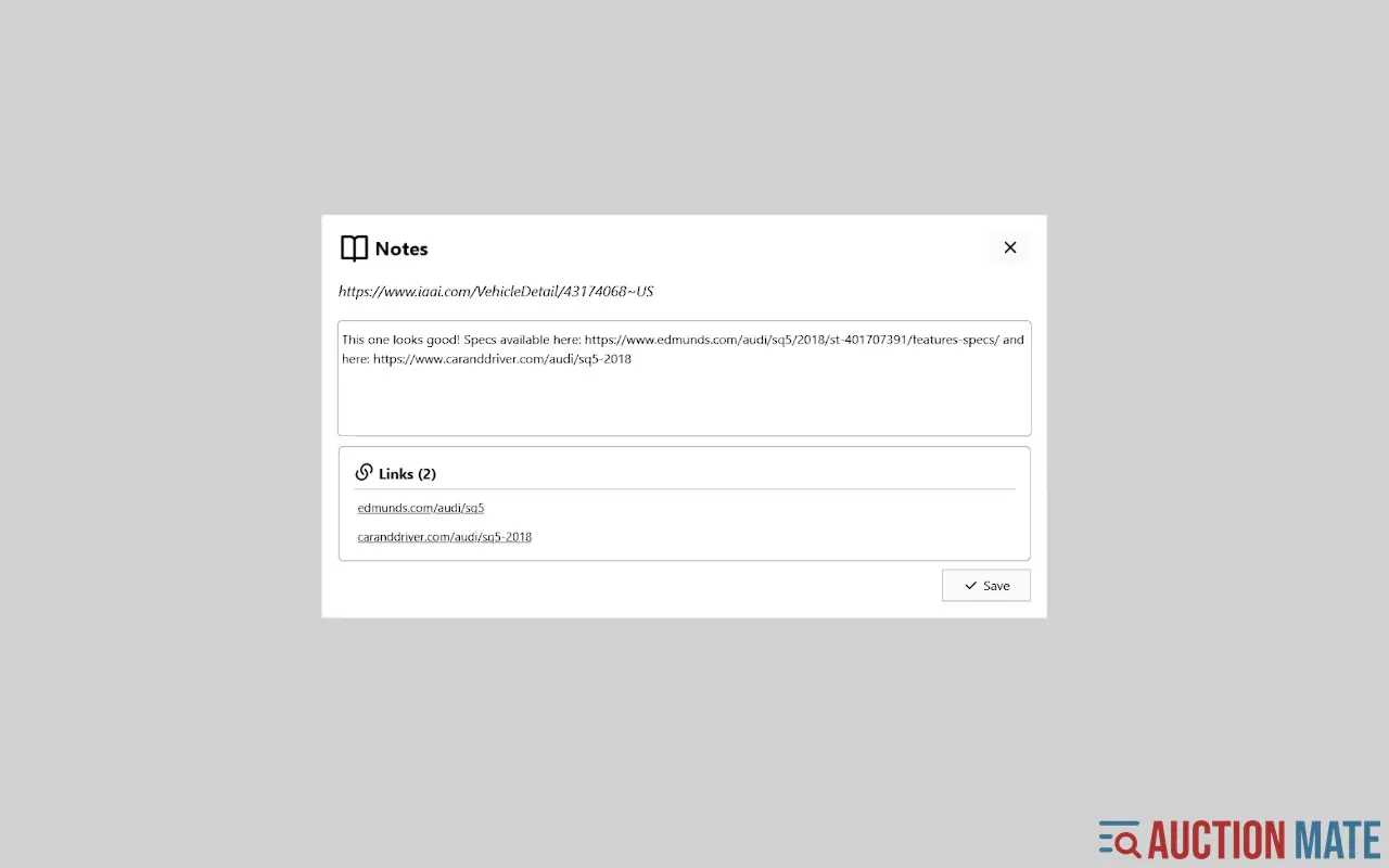 Notes panel with dynamic links
