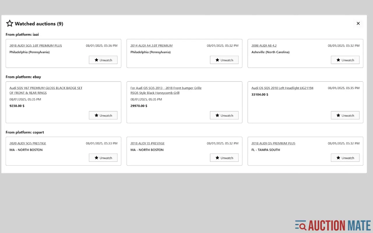 Watched auctions list with statuses