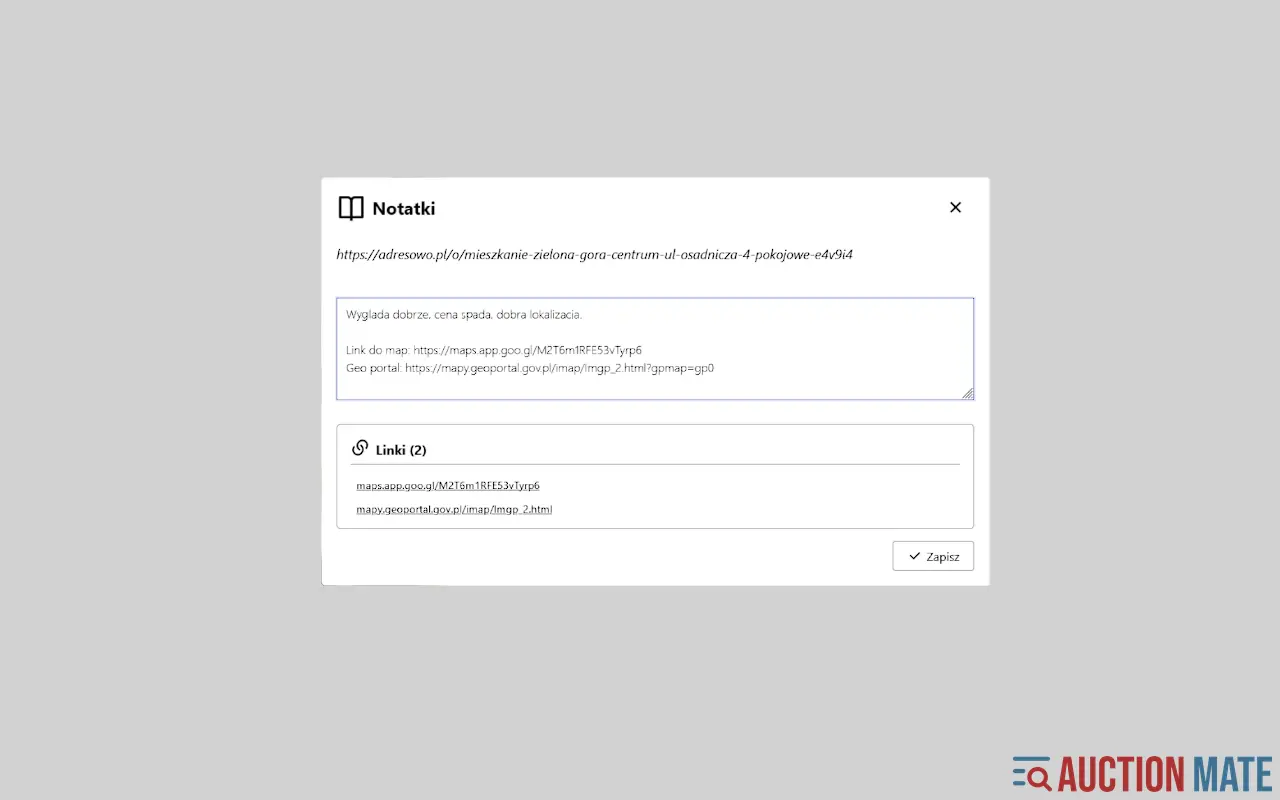 Panel notatek z dynamicznymi linkami