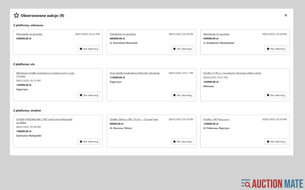 Lista obserwowanych aukcji